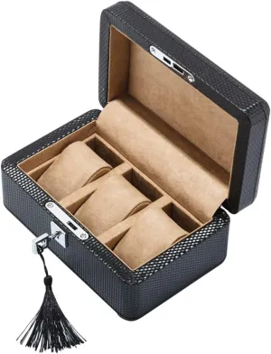 MUSUMI 3 Watch Jewellery Display Storage Box Case Carbon Fiber Bracelet Tray with 3 Removal Storage Pillows and Lockable Metal Lock (Beige)