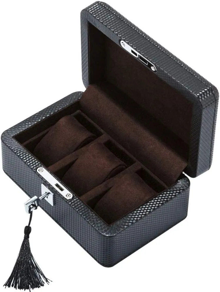 MUSUMI 3 Watch Jewellery Display Storage Box Case Carbon Fiber Bracelet Tray with 3 Removal Storage Pillows and Lockable Metal Lock (Brown)