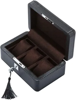 MUSUMI 3 Watch Jewellery Display Storage Box Case Carbon Fiber Bracelet Tray with 3 Removal Storage Pillows and Lockable Metal Lock (Brown)