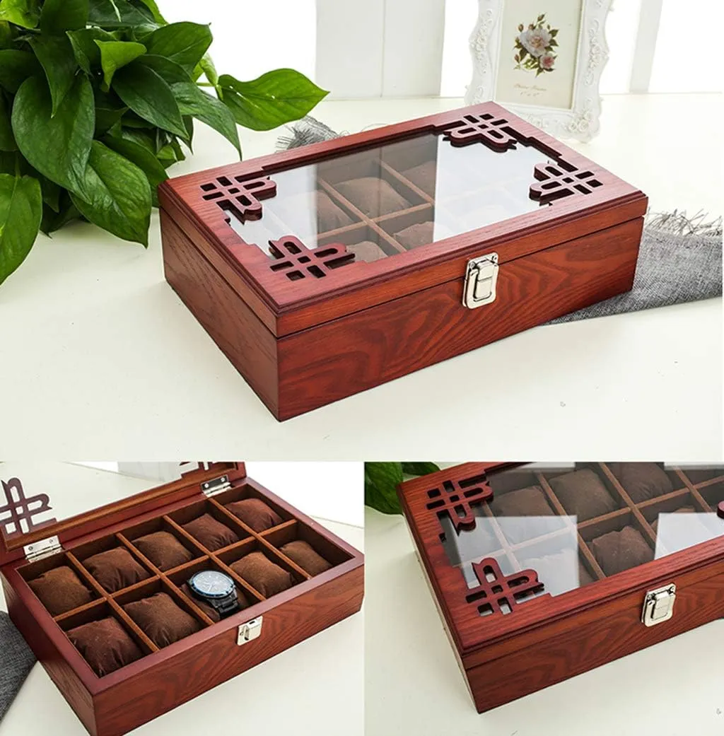 MUSUMI 5 Watch Box Wooden Jewellery Display Storage Box Case Glass Lid Bracelet Tray Lockable Metal Buckle and 6 Removal Storage Cushions for Men/Women (Brown)