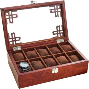 MUSUMI 5 Watch Box Wooden Jewellery Display Storage Box Case Glass Lid Bracelet Tray Lockable Metal Buckle and 6 Removal Storage Cushions for Men/Women (Brown)