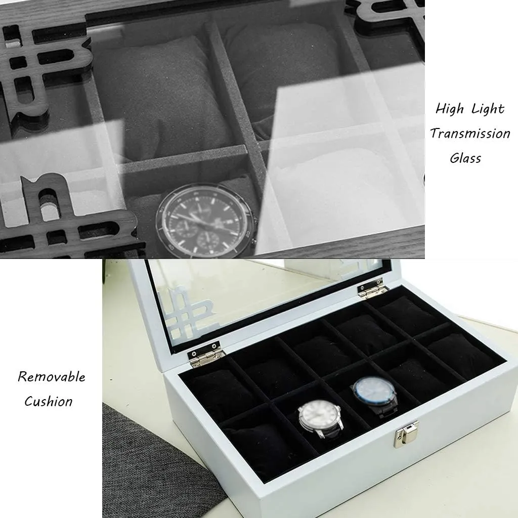 MUSUMI 5 Watch Box Wooden Jewellery Display Storage Box Case Glass Lid Bracelet Tray Lockable Metal Buckle and 6 Removal Storage Cushions for Men/Women (White)