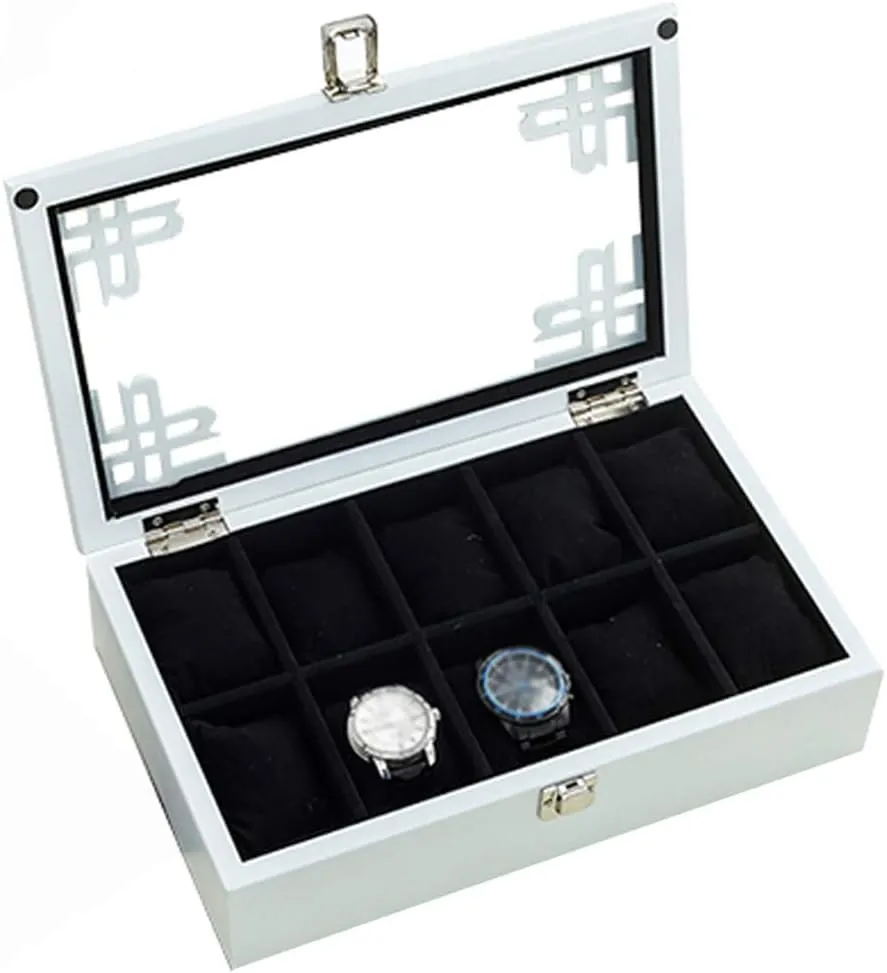 MUSUMI 5 Watch Box Wooden Jewellery Display Storage Box Case Glass Lid Bracelet Tray Lockable Metal Buckle and 6 Removal Storage Cushions for Men/Women (White)