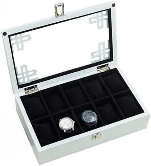 MUSUMI 5 Watch Box Wooden Jewellery Display Storage Box Case Glass Lid Bracelet Tray Lockable Metal Buckle and 6 Removal Storage Cushions for Men/Women (White)