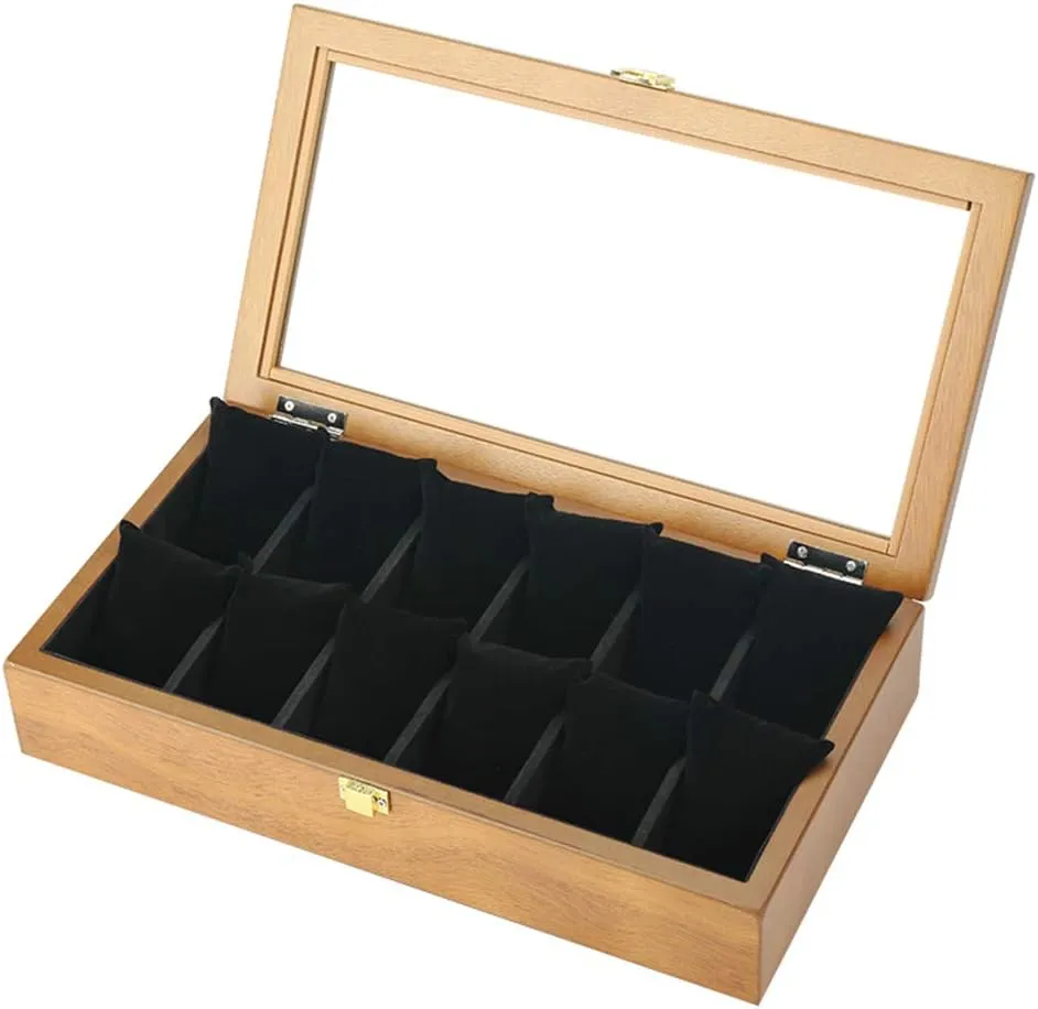 MUSUMI Watch Box Display Storage Box Jewelry Collection Case Organiser Holder with Removable 12 Watch Pillows Lockable Metal Buckle (Wood Color)