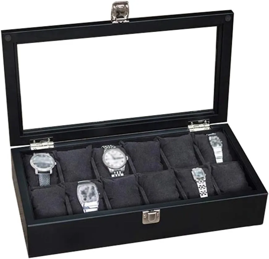 MUSUMI Wooden Watch Box Glass Lid 12 Watch Luxury Jewellery Display Storage Box Bracelet Tray Cufflink Organizer with 12 Removal Storage Cushions and Lockable Metal Buckle (Black)