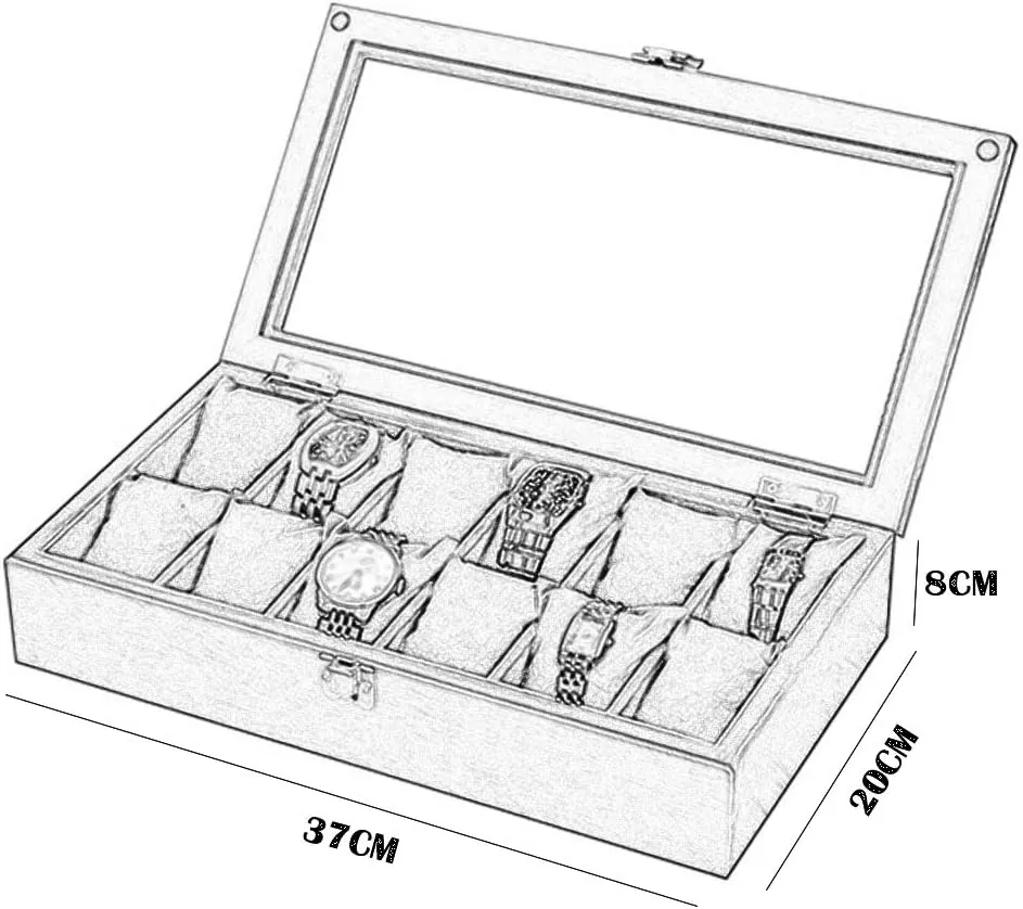 MUSUMI Wooden Watch Box Glass Lid 12 Watch Luxury Jewellery Display Storage Box Bracelet Tray Cufflink Organizer with 12 Removal Storage Cushions and Lockable Metal Buckle (Black)