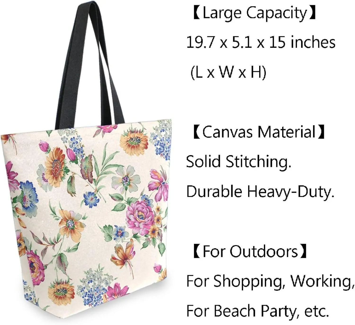 Naanle Canvas Tote Bag Large Women Casual Shoulder Bag Handbag Ethnic Flower Canvas Tote Bag Reusable Grocery Shopping Bag