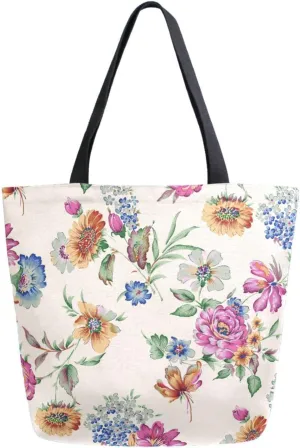 Naanle Canvas Tote Bag Large Women Casual Shoulder Bag Handbag Ethnic Flower Canvas Tote Bag Reusable Grocery Shopping Bag