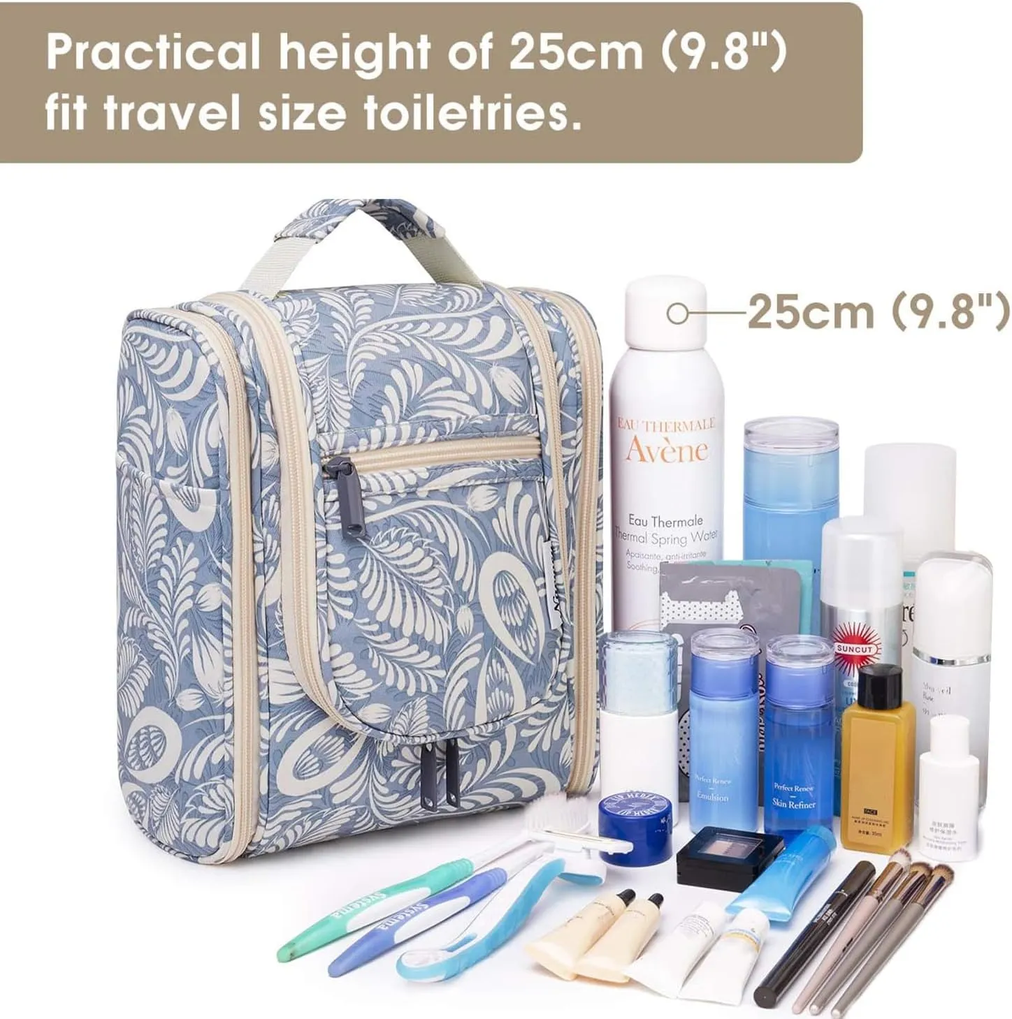 Narwey Small Hanging Toiletry Bag Women Travel Makeup Bag Organizer Toiletries Bag for Travel Size Essentials Accessories Cosmetics (Medium, Blue Leaf)