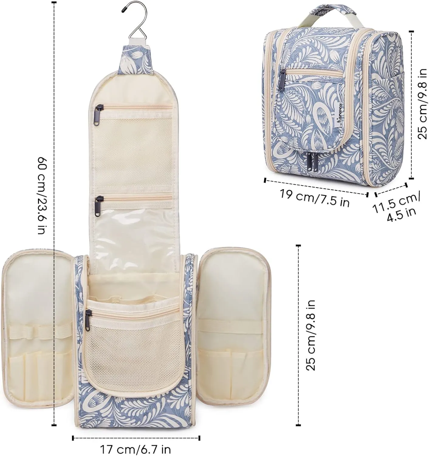 Narwey Small Hanging Toiletry Bag Women Travel Makeup Bag Organizer Toiletries Bag for Travel Size Essentials Accessories Cosmetics (Medium, Blue Leaf)