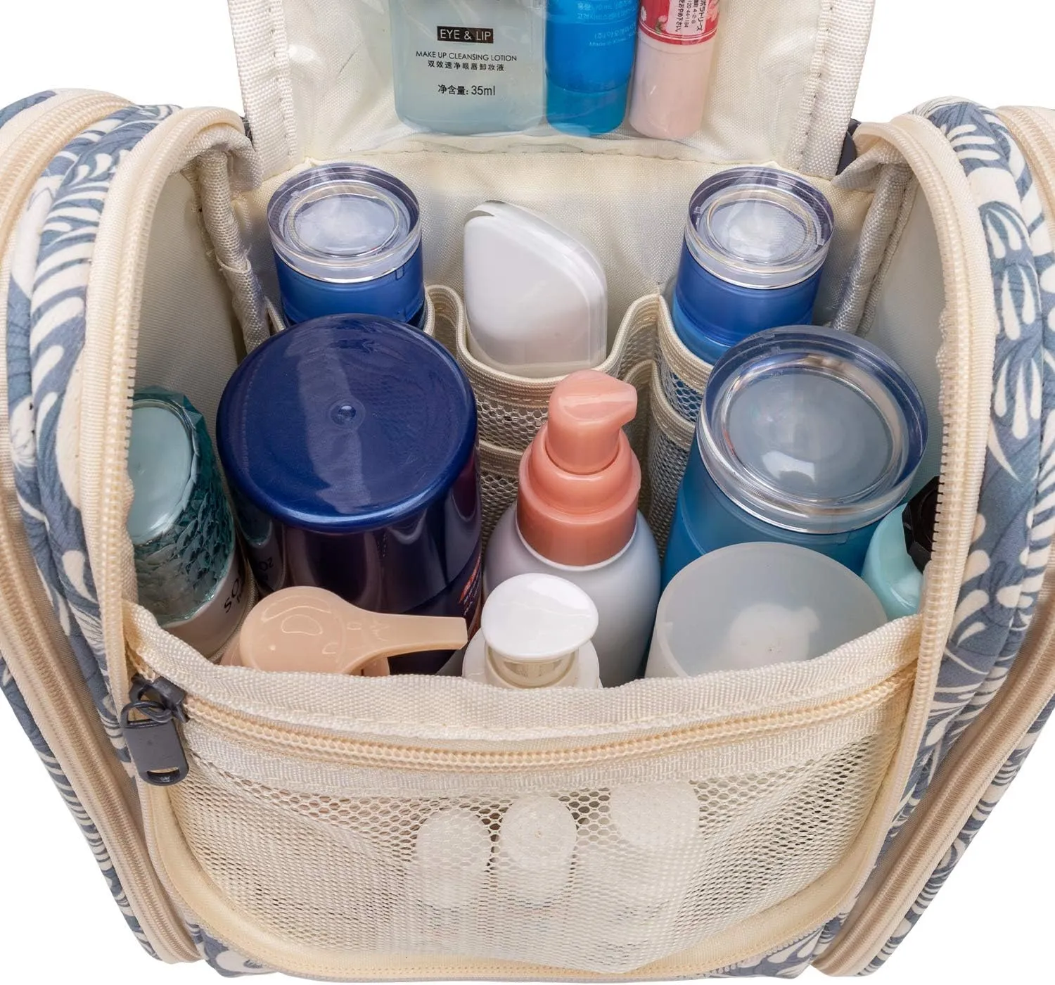 Narwey Small Hanging Toiletry Bag Women Travel Makeup Bag Organizer Toiletries Bag for Travel Size Essentials Accessories Cosmetics (Medium, Blue Leaf)