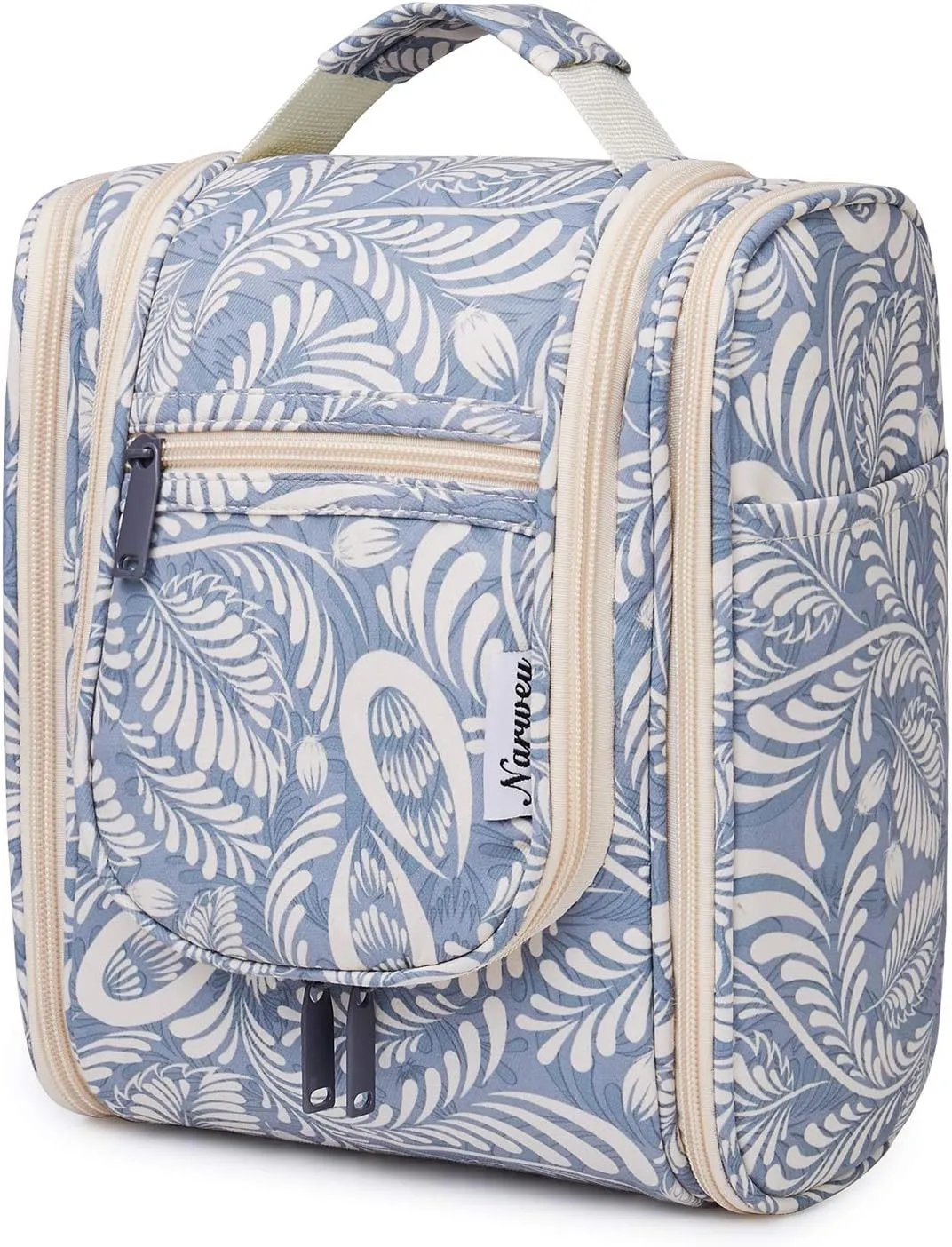 Narwey Small Hanging Toiletry Bag Women Travel Makeup Bag Organizer Toiletries Bag for Travel Size Essentials Accessories Cosmetics (Medium, Blue Leaf)