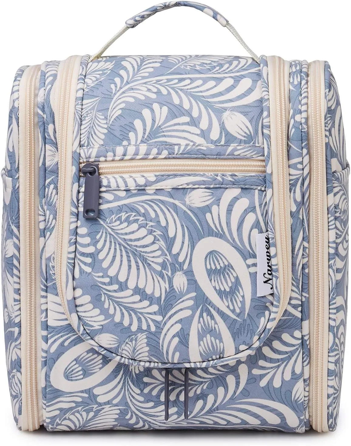 Narwey Small Hanging Toiletry Bag Women Travel Makeup Bag Organizer Toiletries Bag for Travel Size Essentials Accessories Cosmetics (Medium, Blue Leaf)