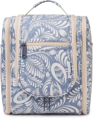 Narwey Small Hanging Toiletry Bag Women Travel Makeup Bag Organizer Toiletries Bag for Travel Size Essentials Accessories Cosmetics (Medium, Blue Leaf)
