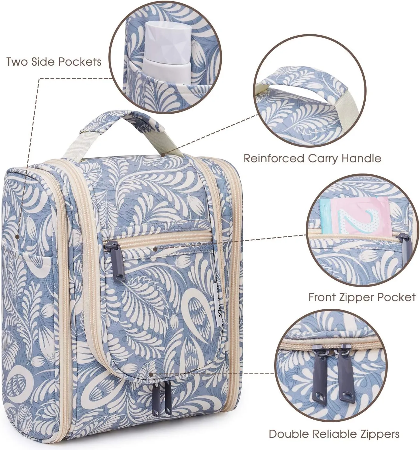 Narwey Small Hanging Toiletry Bag Women Travel Makeup Bag Organizer Toiletries Bag for Travel Size Essentials Accessories Cosmetics (Medium, Blue Leaf)