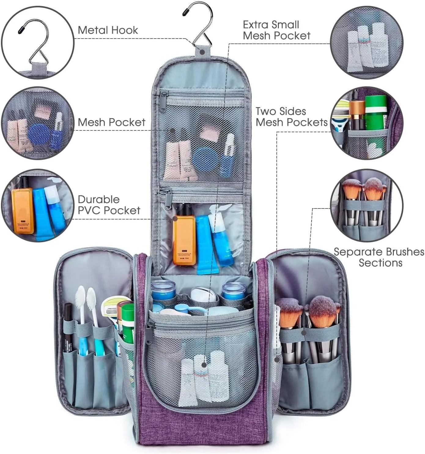 Narwey Small Hanging Toiletry Bag Women Travel Makeup Bag Organizer Toiletries Bag for Travel Size Essentials Accessories Cosmetics (Medium, Dark Purple)