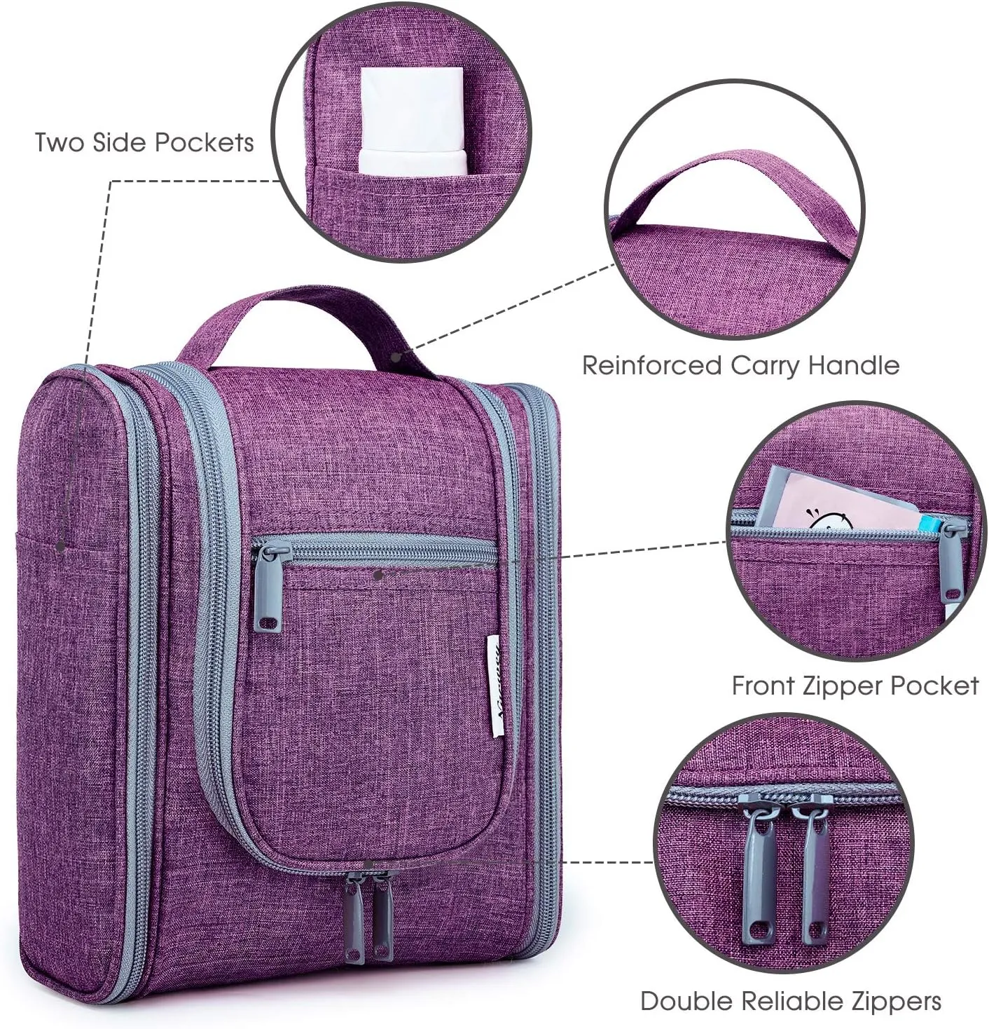 Narwey Small Hanging Toiletry Bag Women Travel Makeup Bag Organizer Toiletries Bag for Travel Size Essentials Accessories Cosmetics (Medium, Dark Purple)