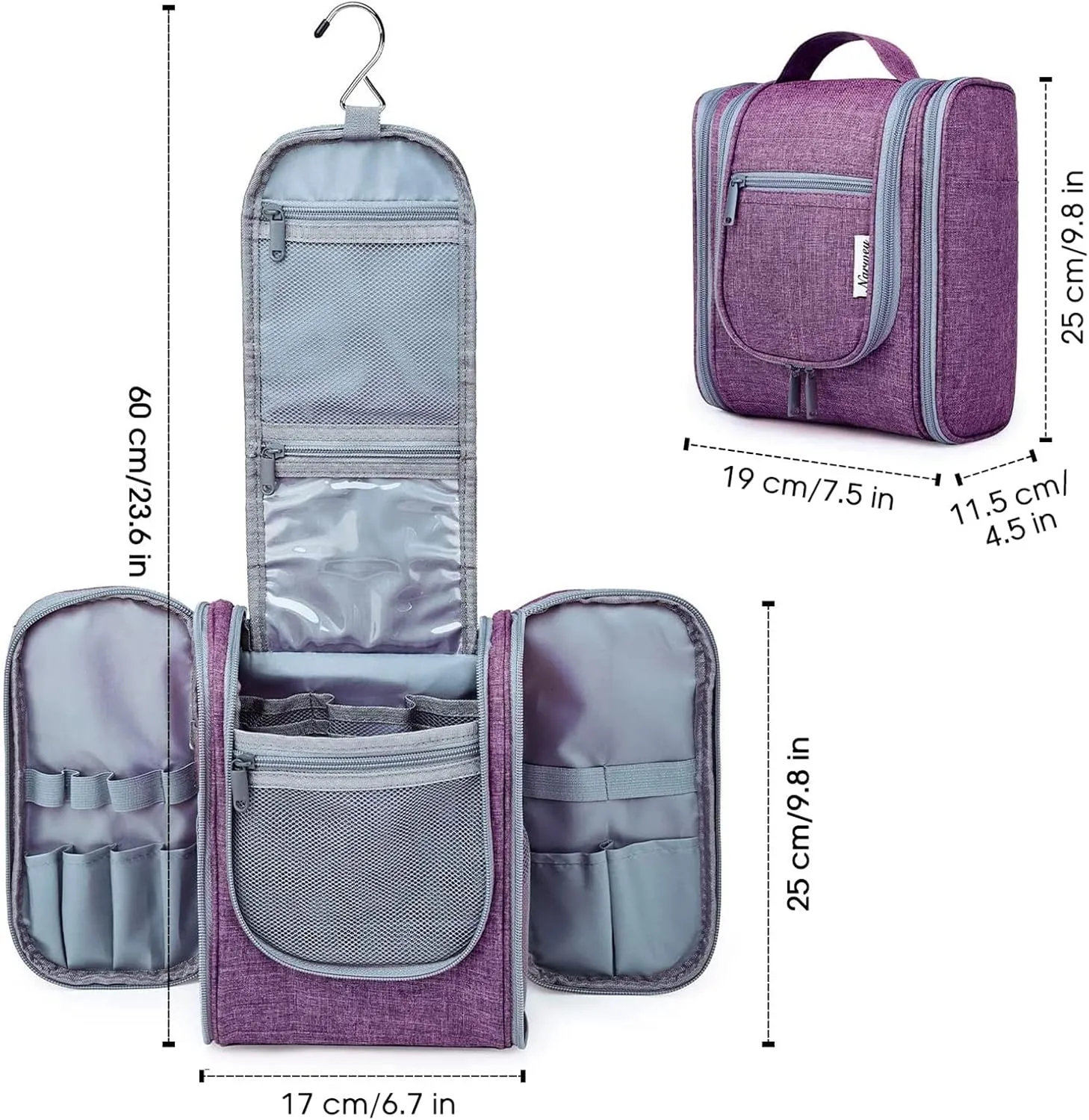 Narwey Small Hanging Toiletry Bag Women Travel Makeup Bag Organizer Toiletries Bag for Travel Size Essentials Accessories Cosmetics (Medium, Dark Purple)
