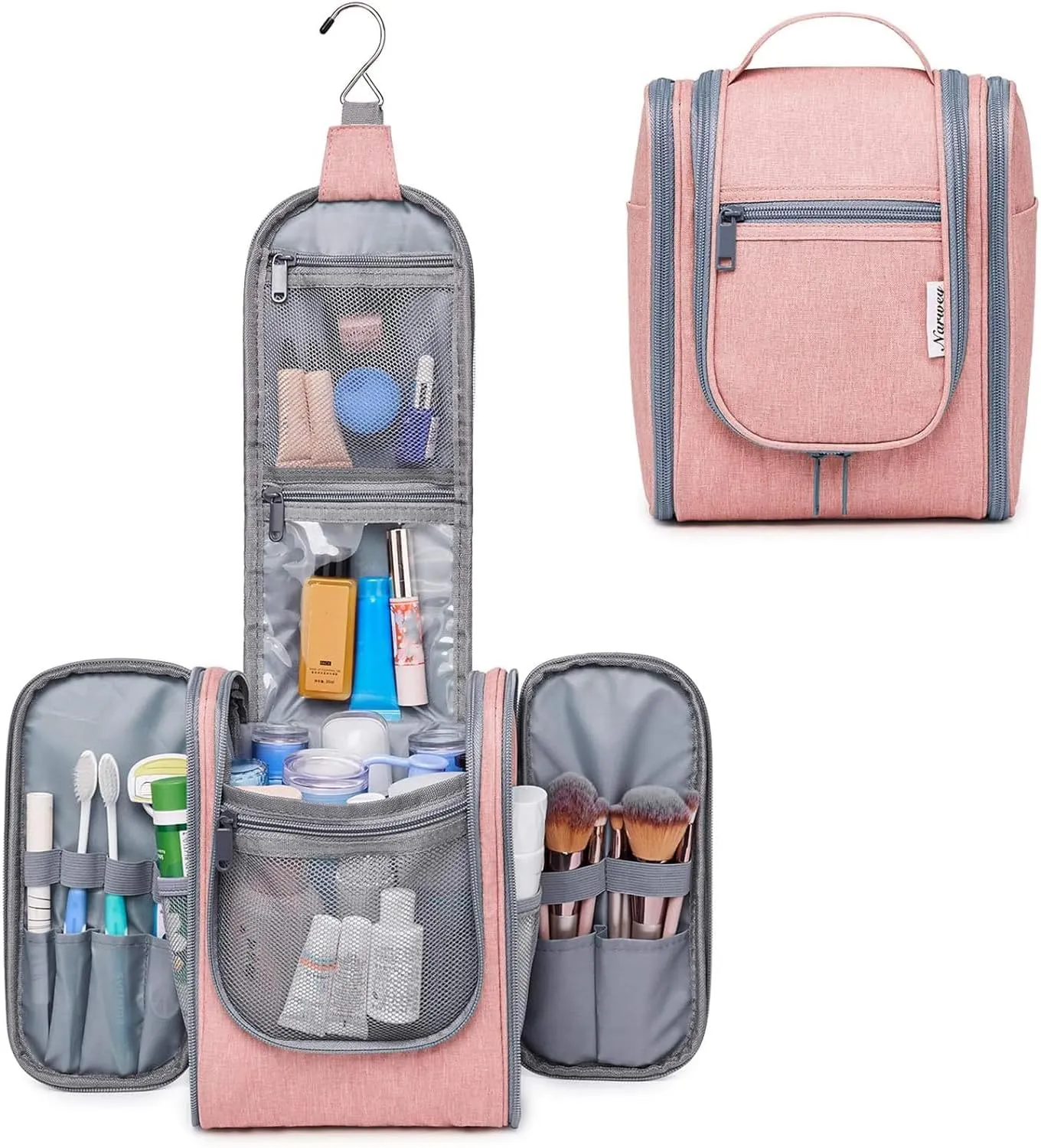 Narwey Small Hanging Toiletry Bag Women Travel Makeup Bag Organizer Toiletries Bag for Travel Size Essentials Accessories Cosmetics (Medium, Pink)