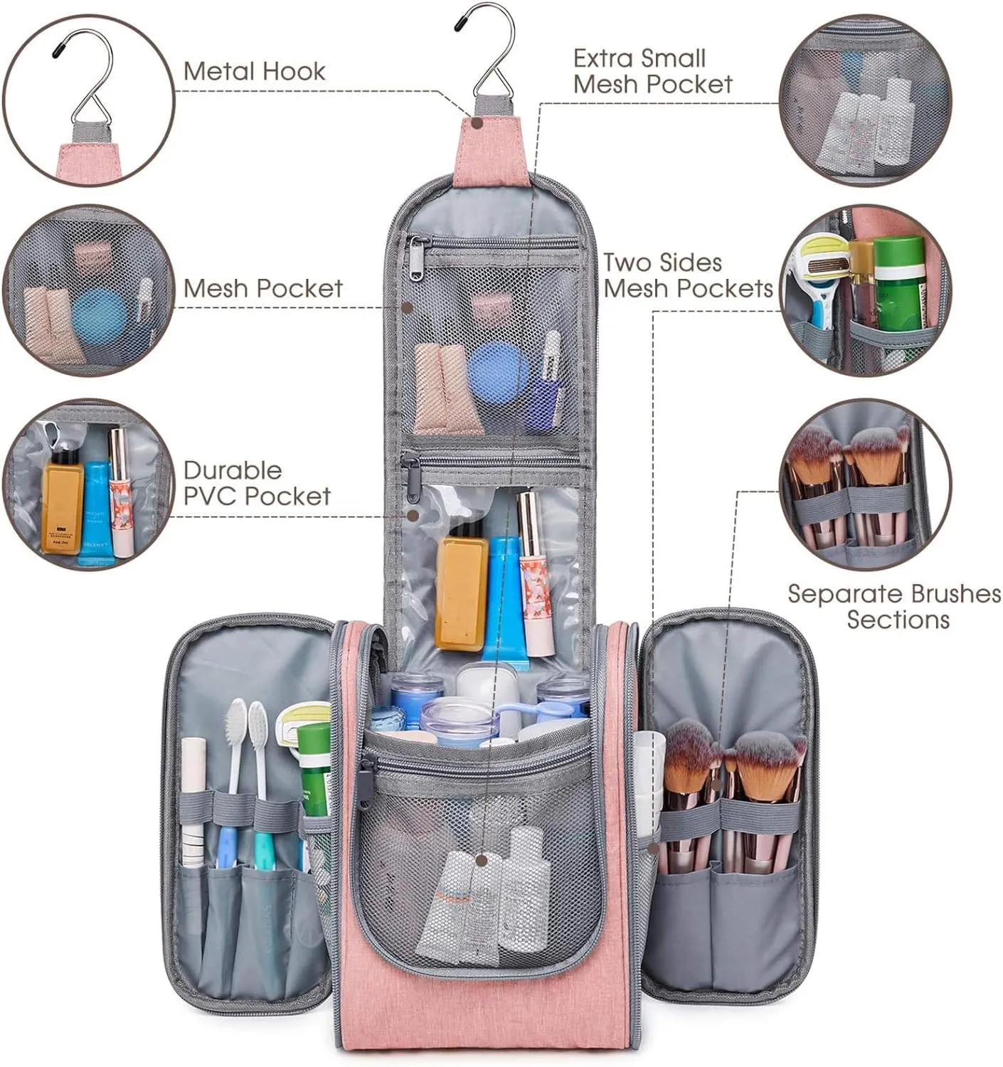 Narwey Small Hanging Toiletry Bag Women Travel Makeup Bag Organizer Toiletries Bag for Travel Size Essentials Accessories Cosmetics (Medium, Pink)