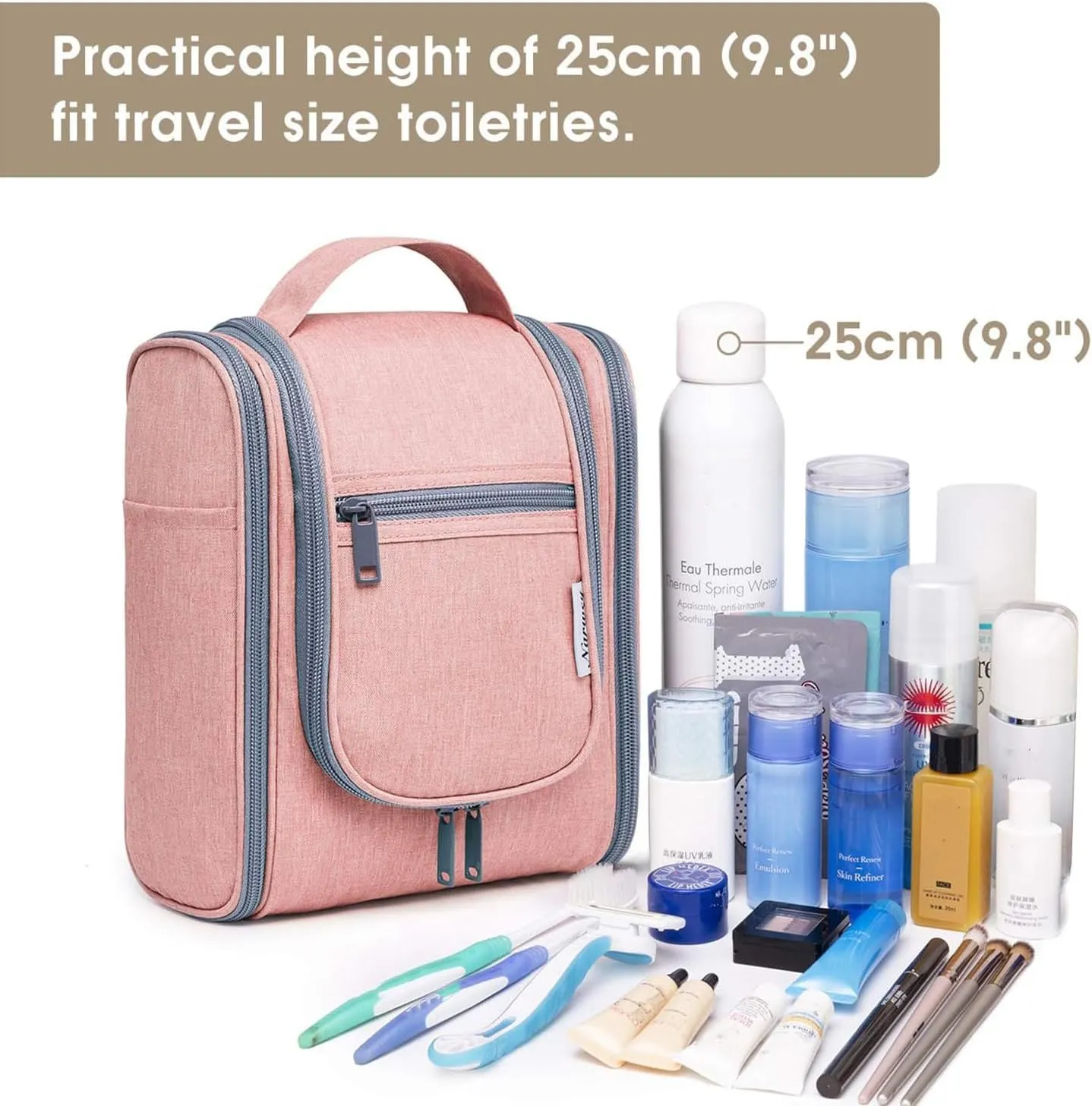 Narwey Small Hanging Toiletry Bag Women Travel Makeup Bag Organizer Toiletries Bag for Travel Size Essentials Accessories Cosmetics (Medium, Pink)