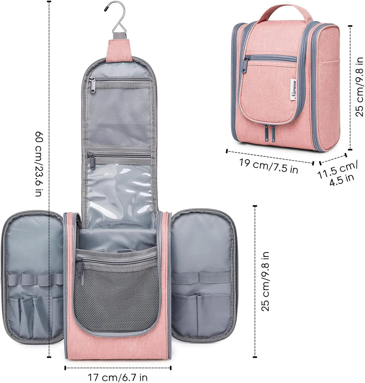 Narwey Small Hanging Toiletry Bag Women Travel Makeup Bag Organizer Toiletries Bag for Travel Size Essentials Accessories Cosmetics (Medium, Pink)