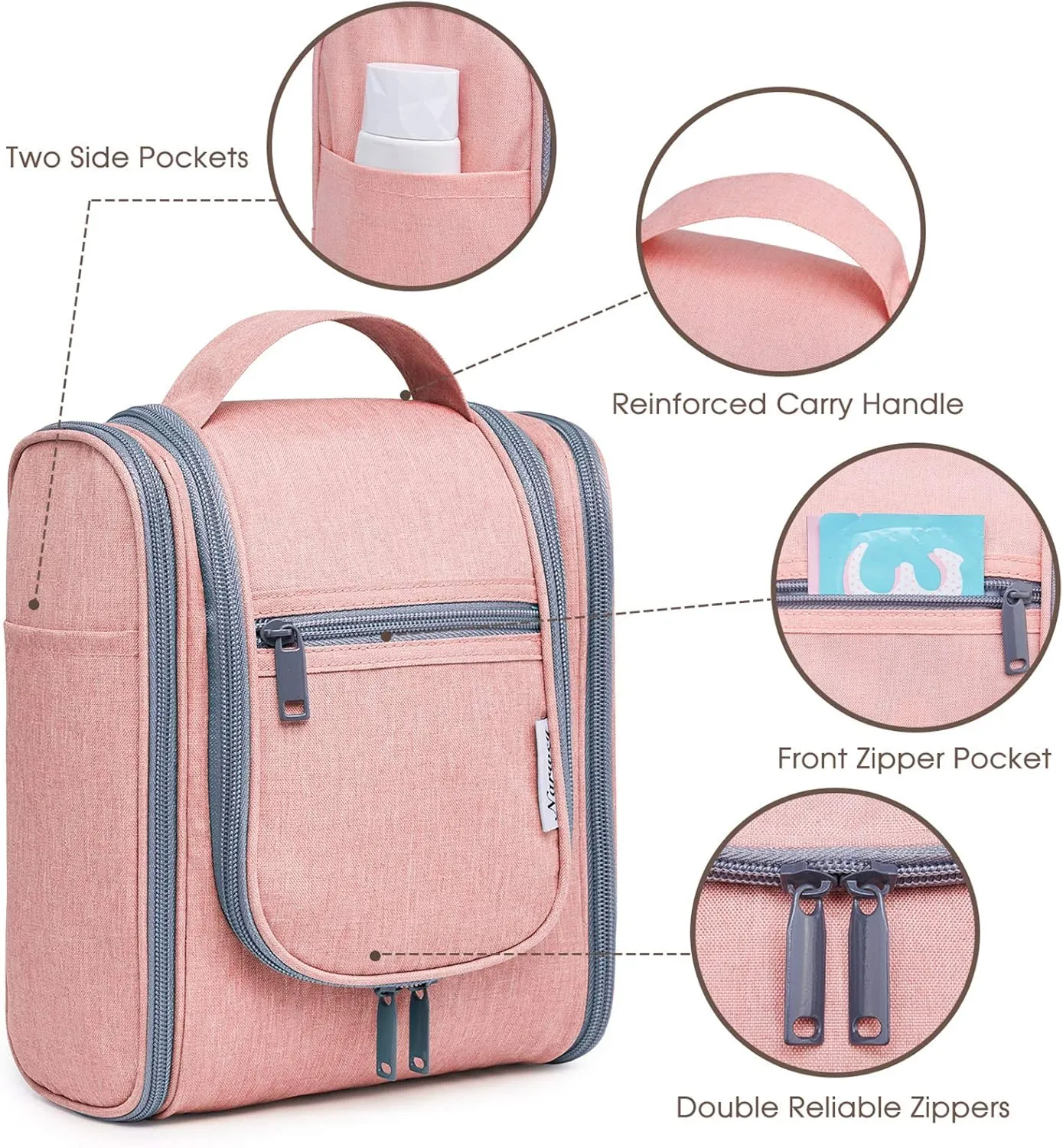 Narwey Small Hanging Toiletry Bag Women Travel Makeup Bag Organizer Toiletries Bag for Travel Size Essentials Accessories Cosmetics (Medium, Pink)