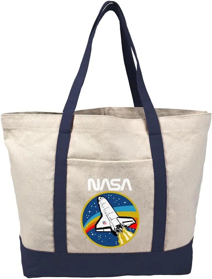 NASA Retro Shuttle Emblem Canvas Tote Bag With External Pocket, Reusable Shoulder Bag for Shopping, Beach, Navy