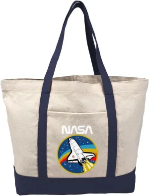 NASA Retro Shuttle Emblem Canvas Tote Bag With External Pocket, Reusable Shoulder Bag for Shopping, Beach, Navy