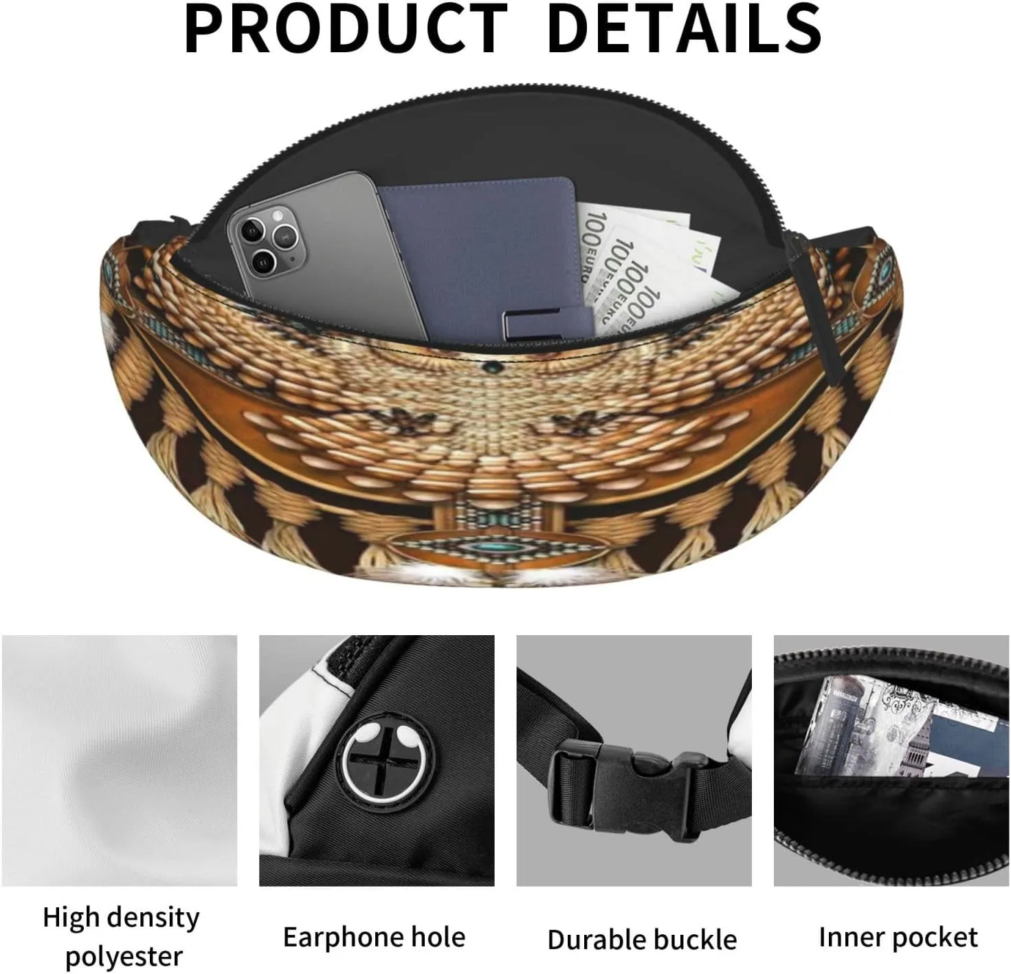 Native American Falcon Mandala Waist Packs Unisex Adjustable Shoulder Strap Messenger Bag Sports Travel Running Leisure Waist Bag