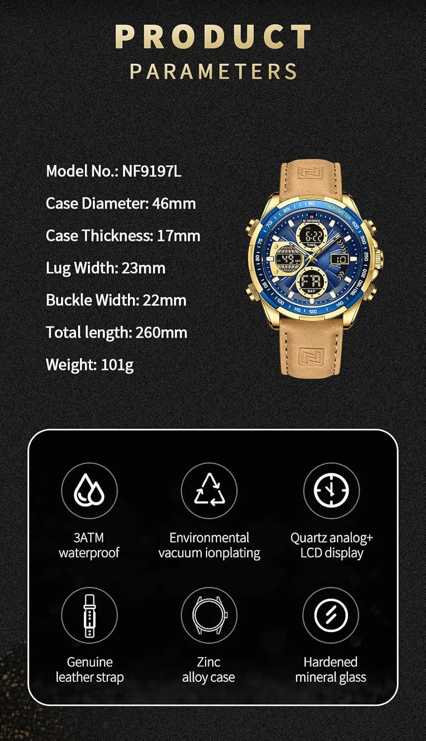 NAVIFORCE Men's Military Digital Watches Analog Quartz Waterproof Watch Sport Multifunctional Leather Wristwatch