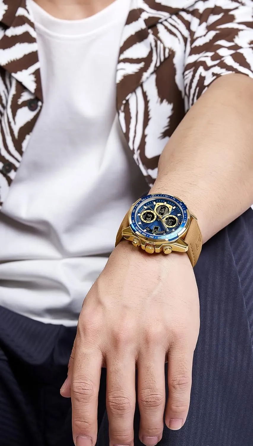NAVIFORCE Men's Military Digital Watches Analog Quartz Waterproof Watch Sport Multifunctional Leather Wristwatch