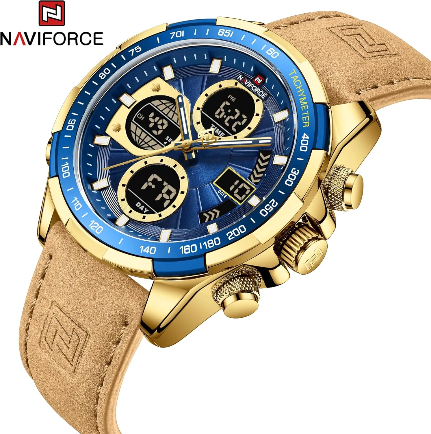 NAVIFORCE Men's Military Digital Watches Analog Quartz Waterproof Watch Sport Multifunctional Leather Wristwatch