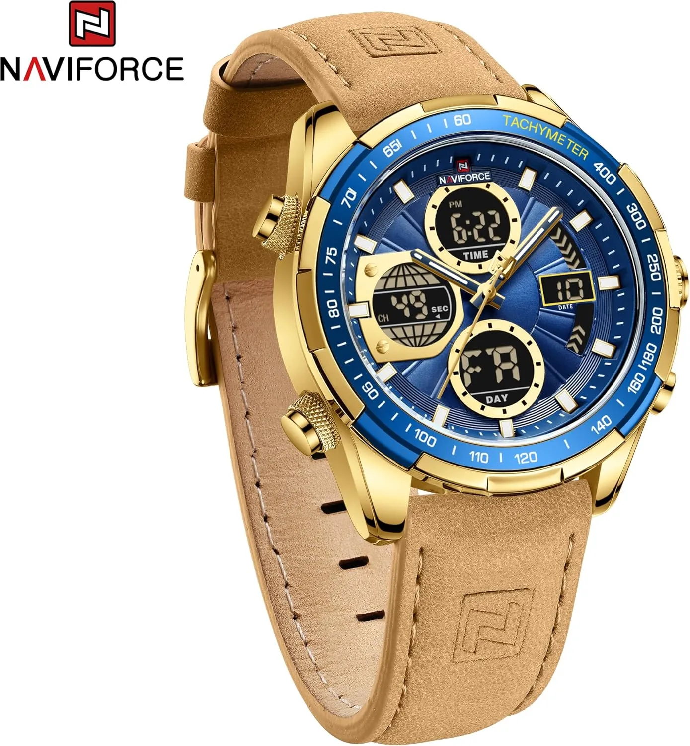 NAVIFORCE Men's Military Digital Watches Analog Quartz Waterproof Watch Sport Multifunctional Leather Wristwatch
