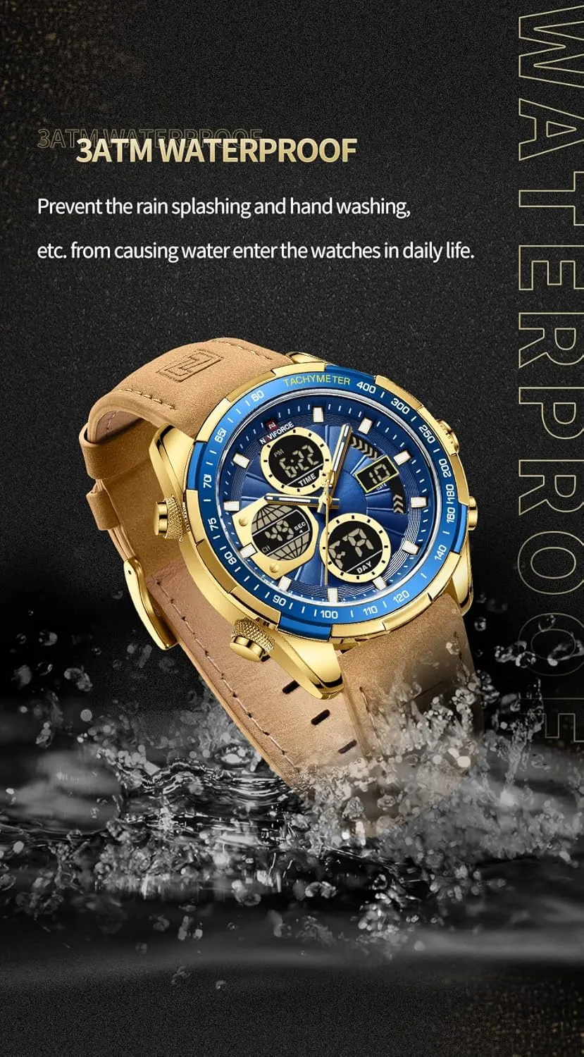 NAVIFORCE Men's Military Digital Watches Analog Quartz Waterproof Watch Sport Multifunctional Leather Wristwatch