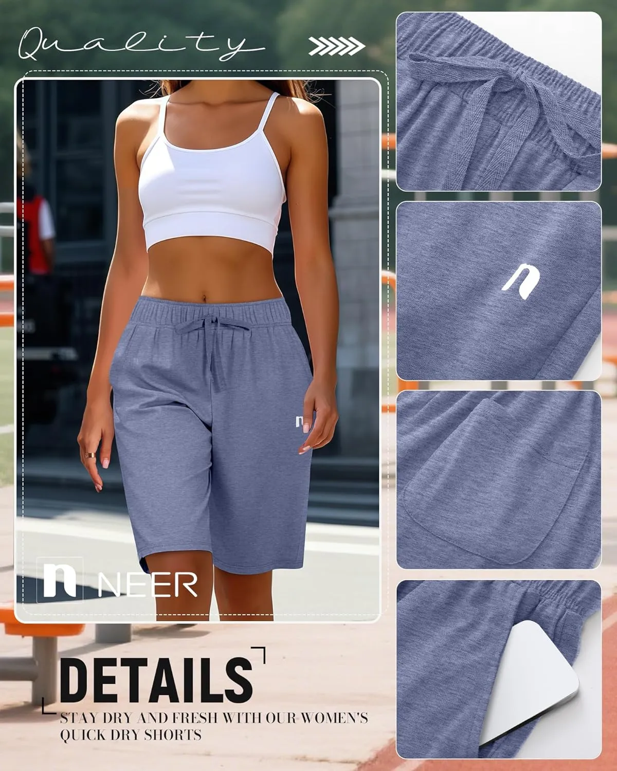 Neer 3 Pack Women's Quick Dry Shorts Women Drawstring High Waisted Bermuda Athletic Shorts with Pockets