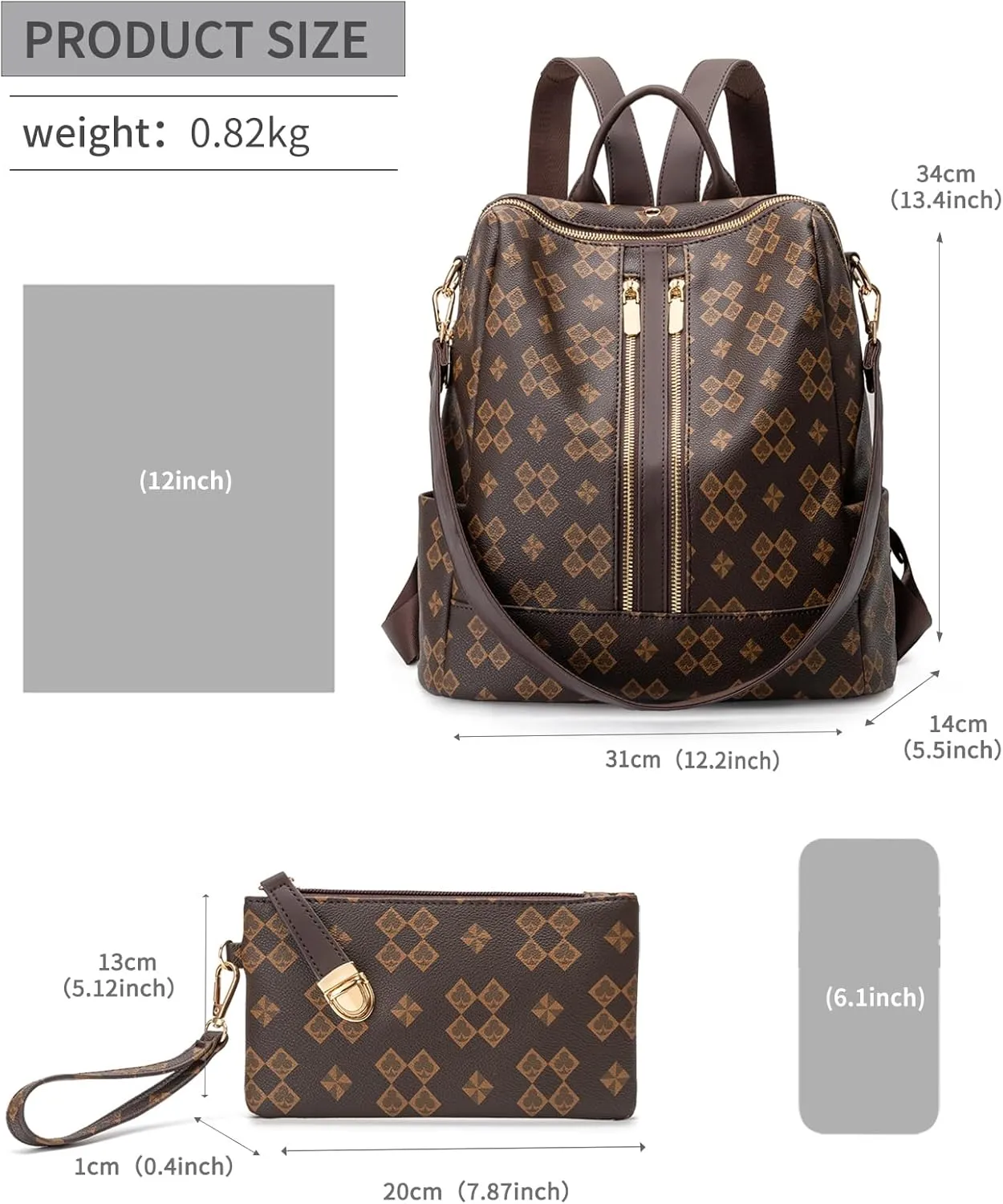 NEICOA Fashion Backpack Purse for Women Designer Convertible Travel Backpack Vegan Leather Shoulder Bag with Wallet for Ladies 2psc (Club Brown)