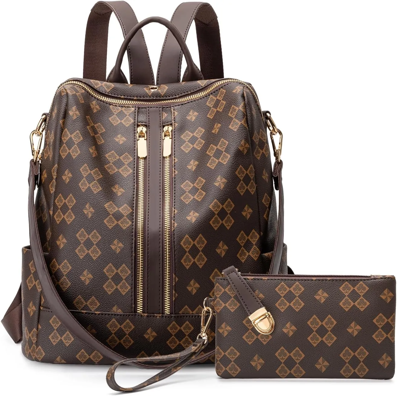 NEICOA Fashion Backpack Purse for Women Designer Convertible Travel Backpack Vegan Leather Shoulder Bag with Wallet for Ladies 2psc (Club Brown)