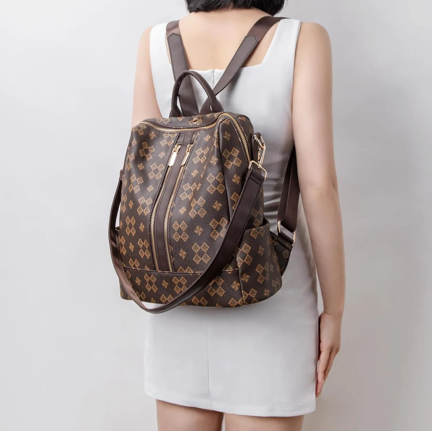 NEICOA Fashion Backpack Purse for Women Designer Convertible Travel Backpack Vegan Leather Shoulder Bag with Wallet for Ladies 2psc (Club Brown)