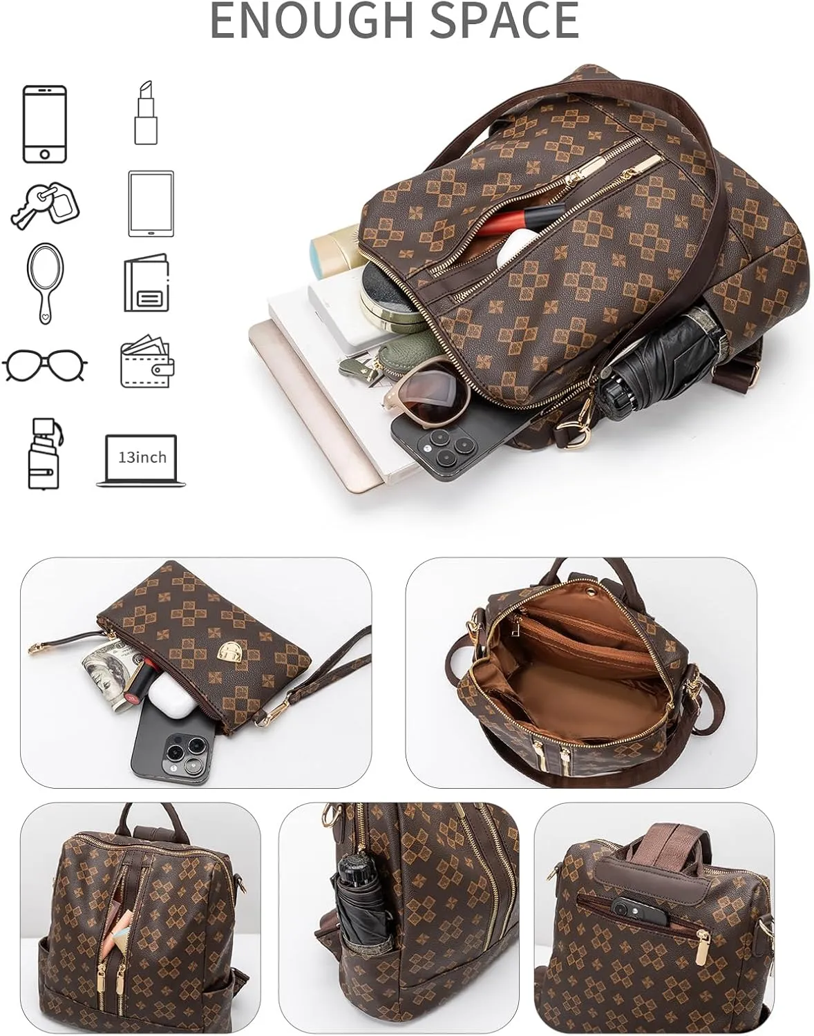 NEICOA Fashion Backpack Purse for Women Designer Convertible Travel Backpack Vegan Leather Shoulder Bag with Wallet for Ladies 2psc (Club Brown)