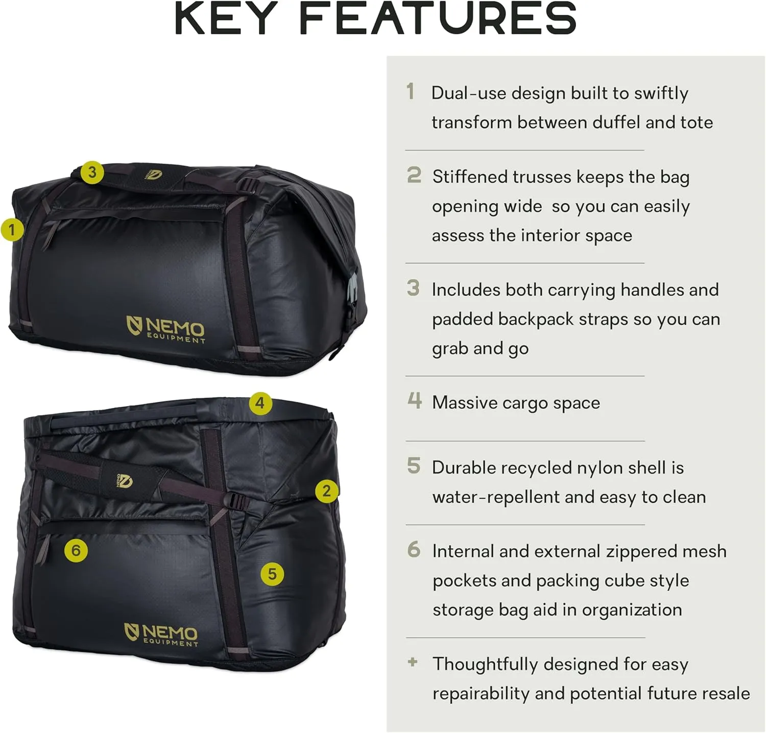 NEMO Equipment Double Haul Convertible Duffel & Tote Bag – Water-Resistant Gear Bag with Backpack Straps - 100L - Black