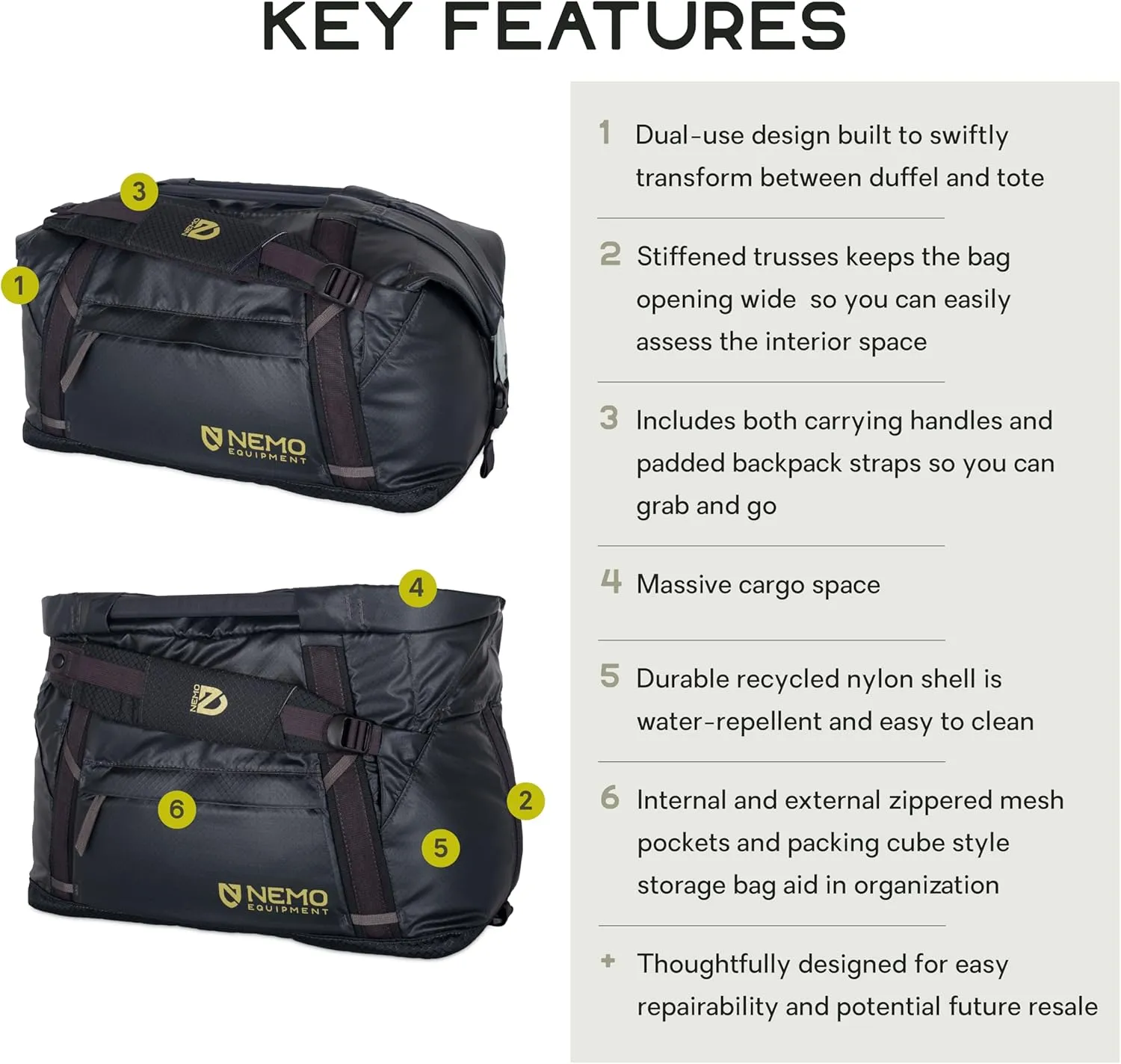 NEMO Equipment Double Haul Convertible Duffel & Tote Bag – Water-Resistant Gear Bag with Backpack Straps - 30L - Black
