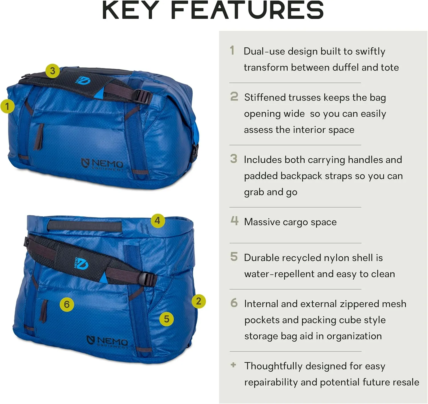 NEMO Equipment Double Haul Convertible Duffel & Tote Bag – Water-Resistant Gear Bag with Backpack Straps - 30L - Lake