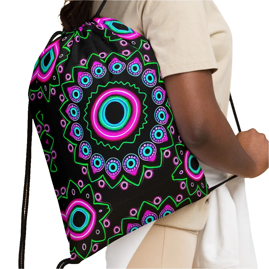 Neon Evil Eye Mandala Drawstring Bag