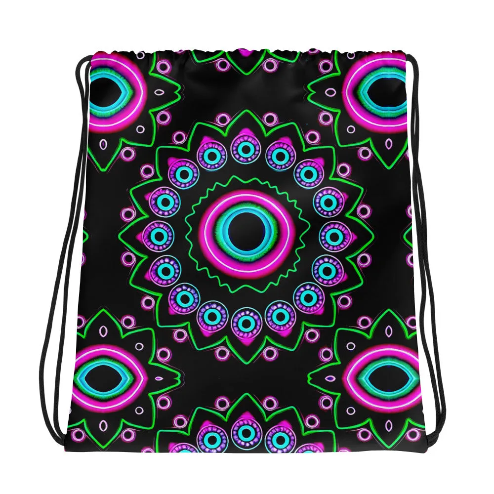 Neon Evil Eye Mandala Drawstring Bag