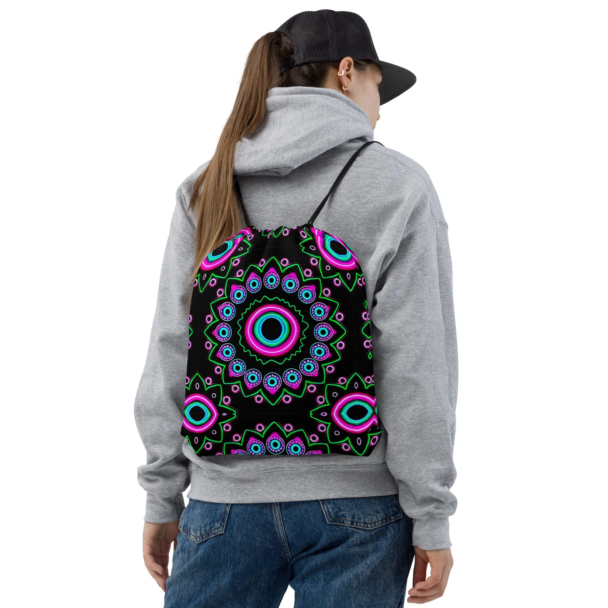 Neon Evil Eye Mandala Drawstring Bag