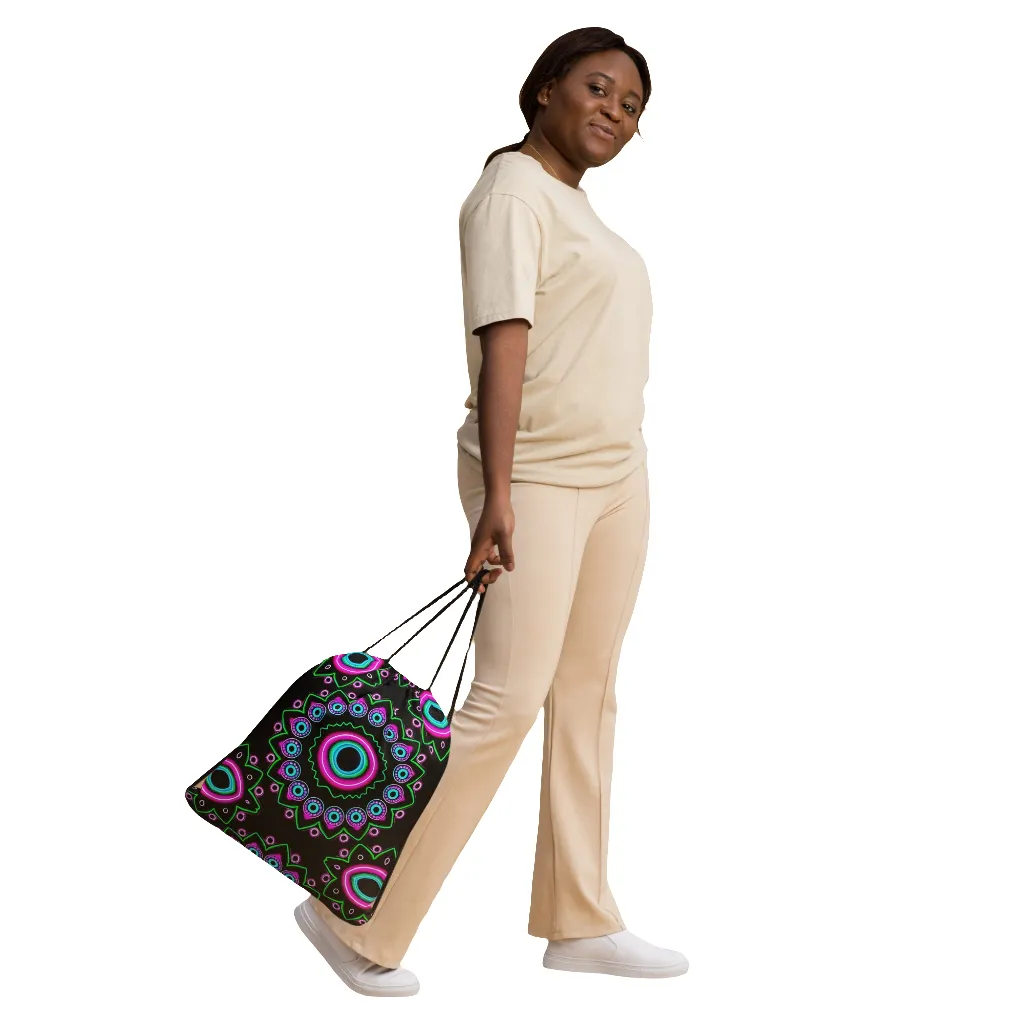 Neon Evil Eye Mandala Drawstring Bag