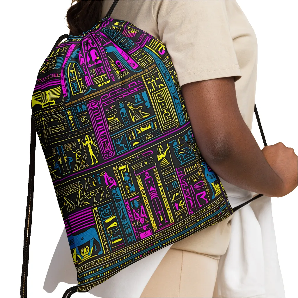 Neon Purple Heiroglyph Drawstring bag