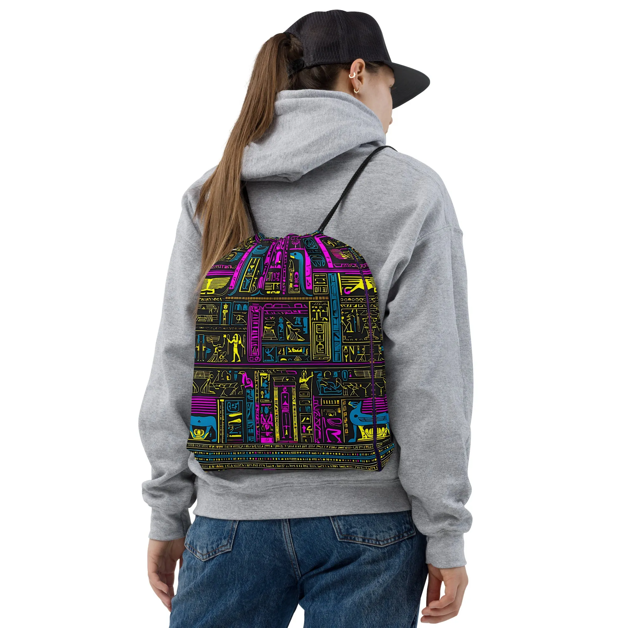 Neon Purple Heiroglyph Drawstring bag
